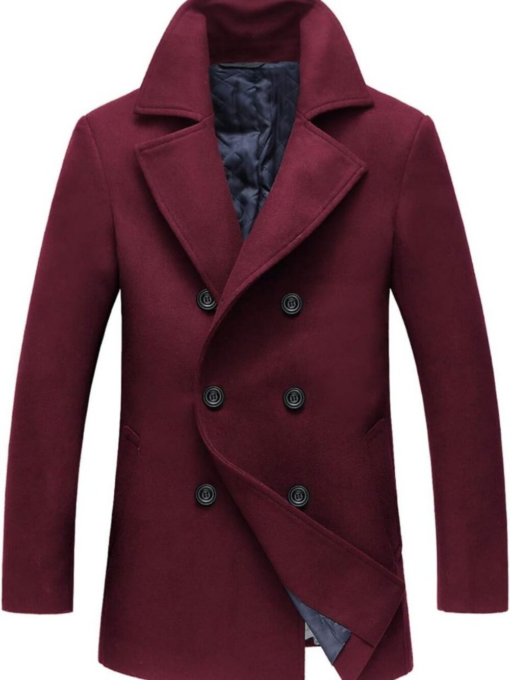 Stylish Men's Double Breasted Wool Blend Pea Coat with Notched Collar - Classic
